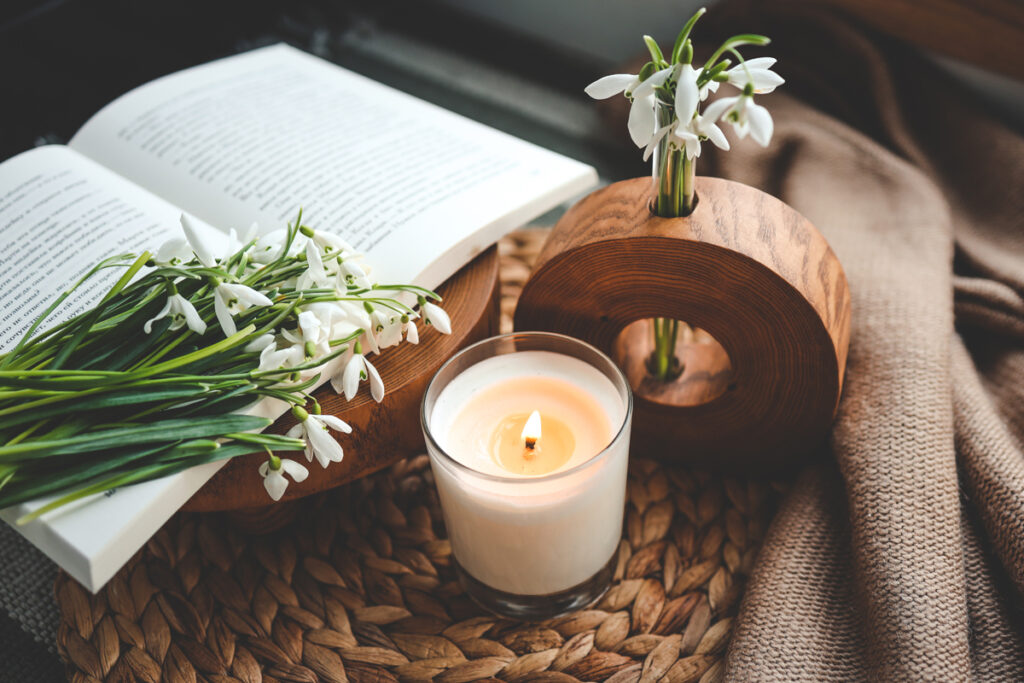 Open book with some snowdrops